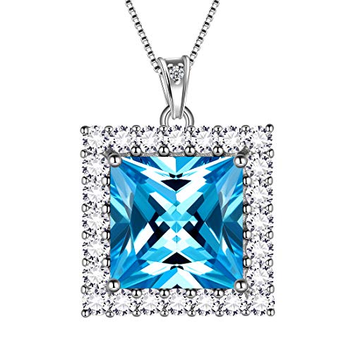 Aurora Tears März Birthstone Halsketten 925 Sterling Silber Blau Aquamarin Quadrat Geburtsstein Anhänger mit Zirkonia Schmuck für Frauen und Mädchen DP0282M von Aurora Tears