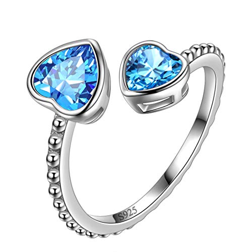 Aurora Tears März Birthstone Love Heart verstellbare Ringe 925 Sterling Silber Birthstone Double Heart Open Ring Geburtsstein Schmuck Geschenke für Frauen und Männer DR0109M von Aurora Tears