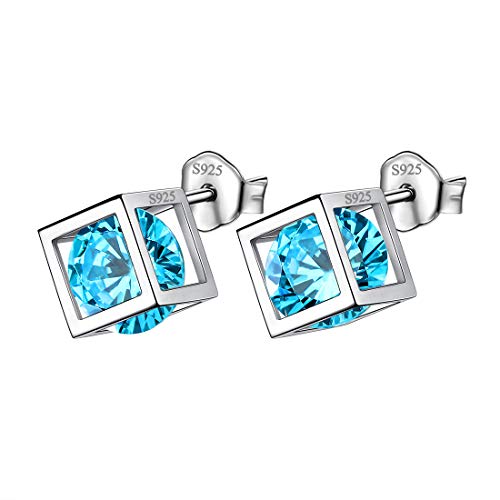 Aurora Tears März Birthstone Ohrringe 925 Sterling Silber Blau Aquamarin Quadrat Geburtsstein Bolzenohrring Schmuck für Frauen und Mädchen DE0028M von Aurora Tears