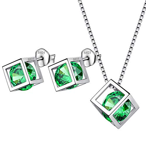 Aurora Tears Mai Birthstone Halskette Ohrstecker 925 Sterling Silber Grün Smaragd Platz Geburtsstein Schmuck Set für Frauen und Mädchen DS0028G von Aurora Tears
