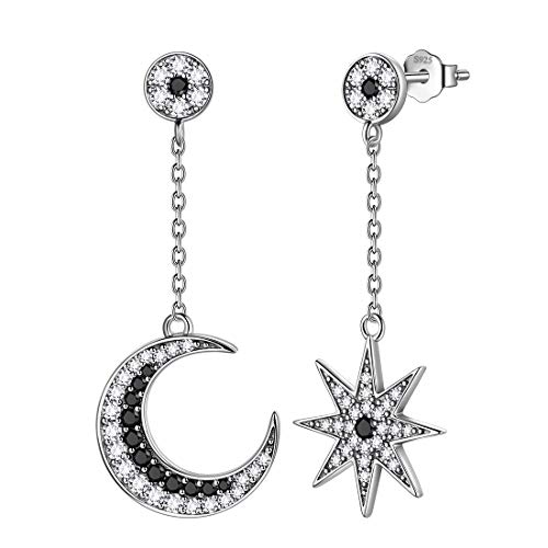 Aurora Tears Mond Sterne baumeln Ohrringe 925 Sterling Splitter Asymmetrie Crescent Moon Star Ohrstecker mit Zirkonia Schmuck Geschenk für Frauen und Mädchen DE0163W von Aurora Tears