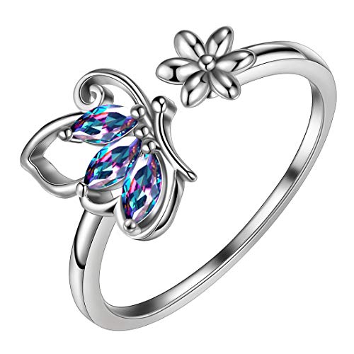 Aurora Tears Mystischer Regenbogentopas Schmetterling Ring 925 Sterling Silber Öffnung verstellbare Ringe Zirkonia für Frauen und Mädchen DR0074M von Aurora Tears