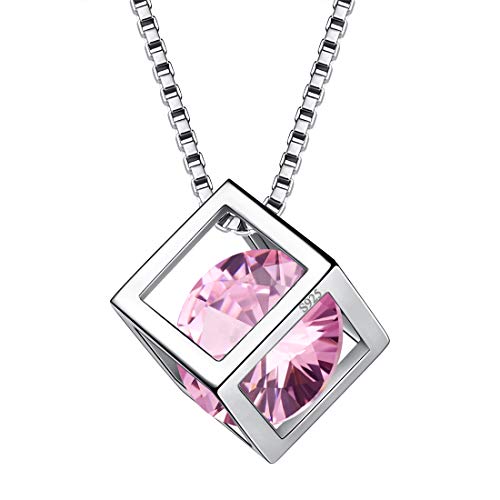 Aurora Tears Oktober Birthstone Halskette 925 Sterling Silber Pink Turmalin Square Birth Stone Anhänger Schmuck Geschenke für Frauen und Mädchen DP0028O von Aurora Tears