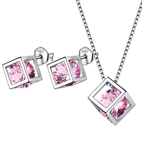 Aurora Tears Oktober Birthstone Halskette Ohrstecker 925 Sterling Silber Pink Turmalin Square Birth Stone Schmuck Set Geschenke für Frauen und Mädchen DS0028O von Aurora Tears