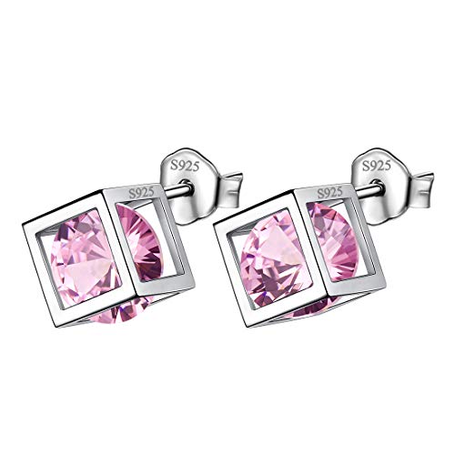 Aurora Tears Oktober Birthstone Ohrringe 925 Sterling Silber Pink Turmalin Square Birth Stone Bolzenohrring Schmuck Geschenke für Frauen und Mädchen DE0028O von Aurora Tears