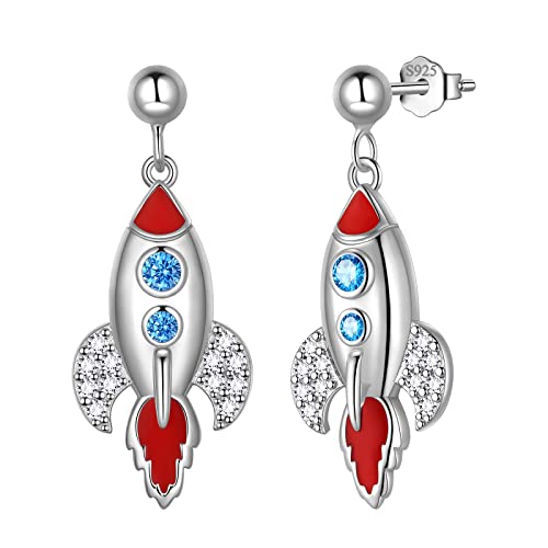Aurora Tears Raum Thema Ohrringe 925 Sterling Silber Rakete Raumschiff Astronaut UFO Kristall Ohrringe Weltraum Liebhaber Wissenschaft Tiny Flying Untertasse Ohrringe DE0275W von Aurora Tears