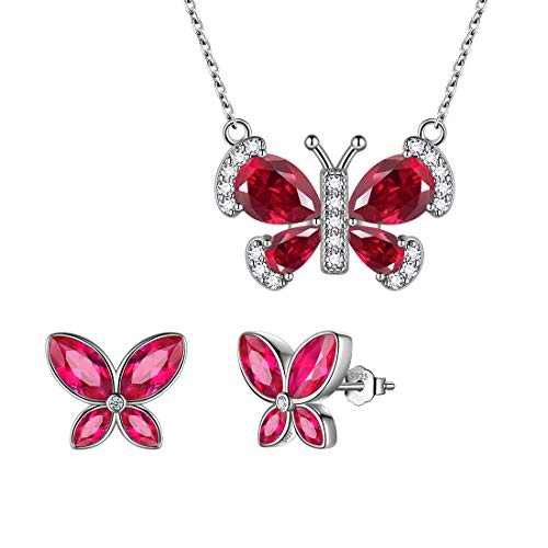 Aurora Tears Roter Schmetterling Schmuck Sets Frauen 925 Sterling Silber Tier Schmetterlinge Rubin Geburtsstein Juli Halskette/Ohrring Set Kristall Hochzeit Schmuck DS0090R von Aurora Tears