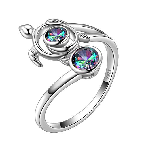 Aurora Tears Schildkröte Einstellbar Ringe 925 Sterling Silber Tier Ring Mystic Rainbow Topaz Schmuck Geschenke mit Zirkonia für Frauen DR0084T von Aurora Tears