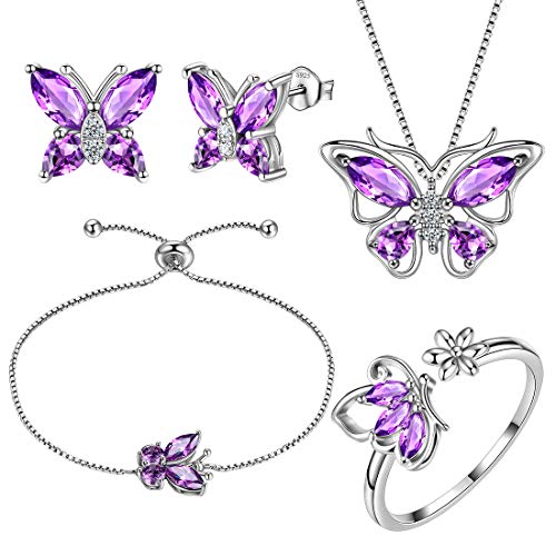 Aurora Tears Schmetterling Halskette/Ohrringe/Ringe Armband Set 925 Sterling Silber Februar Birthstone lila Amethyst Schmuck Set Tiere Schmuck Geschenk für Frauen und Mädchen DS0070F von Aurora Tears