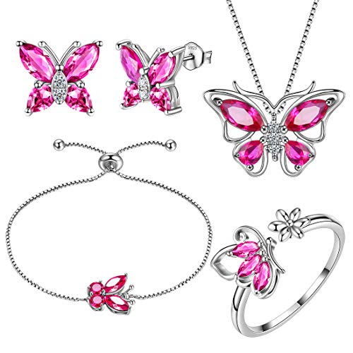 Aurora Tears Schmetterling Halskette/Ohrringe/Ringe Armband Set 925 Sterling Silber Juli Birthstone Red Ruby Jewelry Set Tiere Schmuck für Frauen und Mädchen DS0070R von Aurora Tears