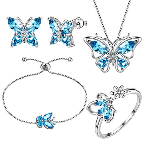 Aurora Tears Schmetterling Halskette/Ohrringe/Ringe Armband Set 925 Sterling Silber März Birthstone Blau Aquamarin Schmuck Set Tiere Schmuck für Frauen und Mädchen DS0070M von Aurora Tears