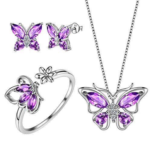 Aurora Tears Schmetterling Halskette/Ohrringe/Ringe Set 925 Sterling Silber Februar Birthstone lila Amethyst Schmuck Set Tiere Schmuck Geschenk für Frauen und Mädchen DS0039P von Aurora Tears