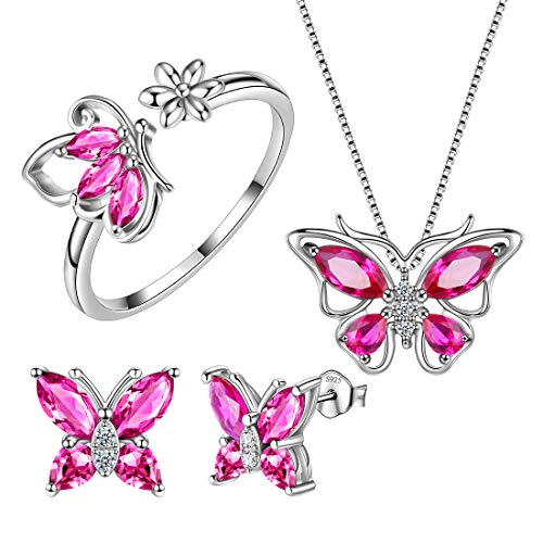 Aurora Tears Schmetterling Halskette/Ohrringe/Ringe Set 925 Sterling Silber Juli Birthstone Red Ruby Jewelry Set Tiere Schmuck für Frauen und Mädchen DS0039R von Aurora Tears
