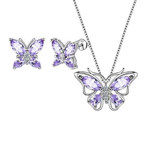 Aurora Tears Schmetterling Halskette/Ohrringe Set 925 Sterling Silber Dezember Birthstone lila Türkis Schmuck Set Tiere Schmuck Geschenk für Frauen und Mädchen DS0045D von Aurora Tears