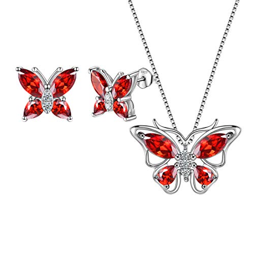 Aurora Tears Schmetterling Halskette/Ohrringe Set 925 Sterling Silber Januar Birthstone Red Granat Schmuck Set Tiere Schmuck für Frauen und Mädchen DS0045J von Aurora Tears