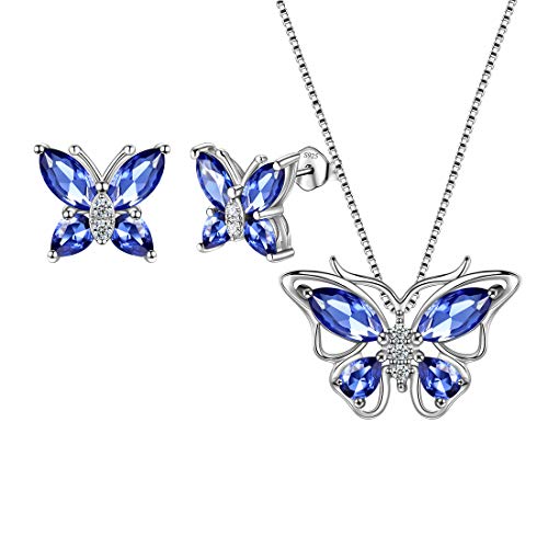 Aurora Tears Schmetterling Halskette/Ohrringe Set 925 Sterling Silber Juni Birthstone Blue Alexandrite Schmuck Set Tiere Schmuck Geschenk für Frauen und Mädchen DS0045U von Aurora Tears