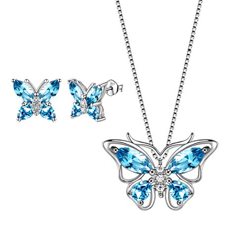 Aurora Tears Schmetterling Halskette/Ohrringe Set 925 Sterling Silber März Birthstone blau Aquamarin Schmuck Set Tiere Schmuck Geschenk für Frauen und Mädchen DS0035S von Aurora Tears