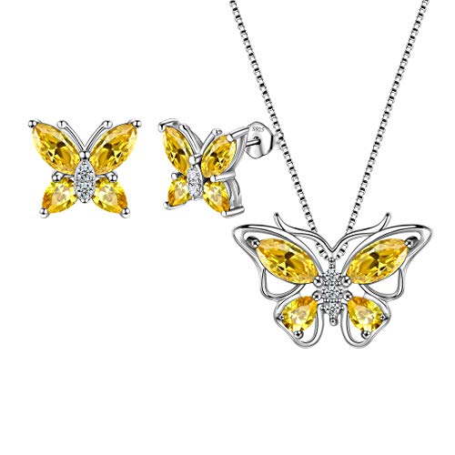Aurora Tears Schmetterling Halskette/Ohrringe Set 925 Sterling Silber November Birthstone Yellow Topaz Schmuck Set Tiere Schmuck Geschenk für Frauen und Mädchen DS0045N von Aurora Tears