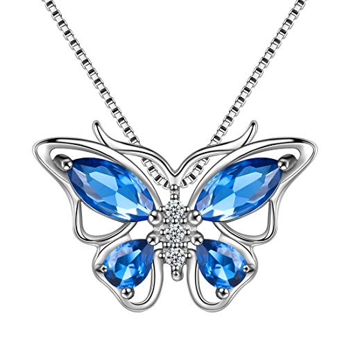 Aurora Tears Schmetterling Halskette 925 Sterling Silber September Birthstone Blue Sapphire Anhänger Tiere Charm Schmuck Geschenk für Frauen und Mädchen DP0215S von Aurora Tears