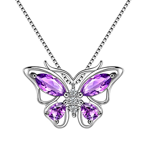 Aurora Tears Schmetterling Halsketten 925 Sterling Silber Februar Birthstone Lila Amethyst Anhänger Schmuck Halskette für Frauen Mädchen DP0013P von Aurora Tears