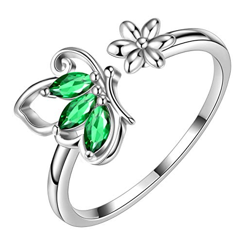 Aurora Tears Schmetterling verstellbare Ringe 925 Sterling Silber Mai Birthstone Green Emerald Eröffnung Ring Tiere Schmuck für Frauen und Mädchen DR0077G von Aurora Tears
