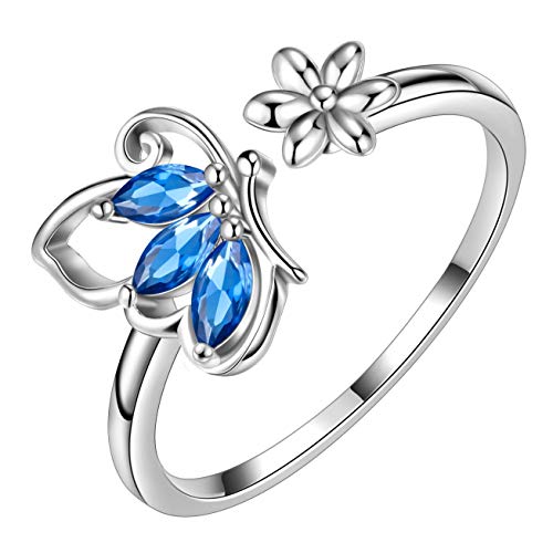 Aurora Tears Schmetterling verstellbare Ringe 925 Sterling Silber September Birthstone Blue Sapphire Eröffnung Ring Tiere Schmuck Geschenk für Frauen und Mädchen DR0077S von Aurora Tears