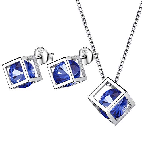 Aurora Tears September Birthstone Halskette Ohrstecker 925 Sterling Silber Blue Sapphire Square Geburtsstein Schmuck Set für Frauen und Mädchen DS0028S von Aurora Tears