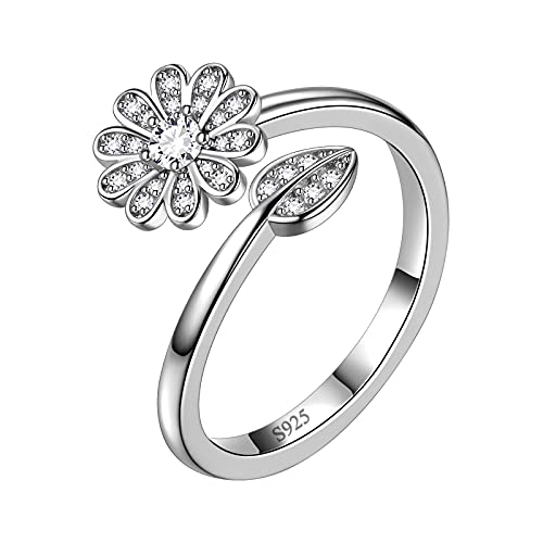 Aurora Tears Sonnenblume Gänseblümchen Blume Einstellbare Ringe 925 Sterling Silber Blume und Blatt Offene Ringe Schmuck Geschenke für Frauen und Mädchen DR0130W von Aurora Tears