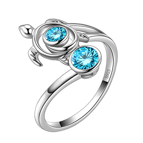 Aurora Tears Turtle verstellbare Ringe 925 Sterling Silber Tiere Open Ring Blue Aquamarine March Birthstone Schmuck mit Zirkonia für Frauen DR0084M von Aurora Tears