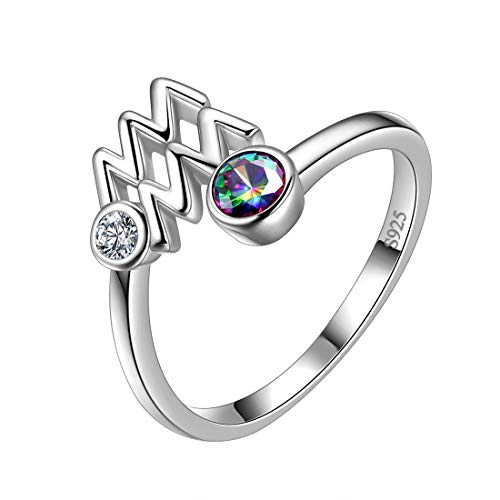 Aurora Tears Wassermann Ring Zodiac verstellbare Ringe 925 Sterling Splitter Mystic Rainbow Topaz Konstellation offener Ring Horoskop Schmuck für Frauen und Mädchen DR0087P von Aurora Tears