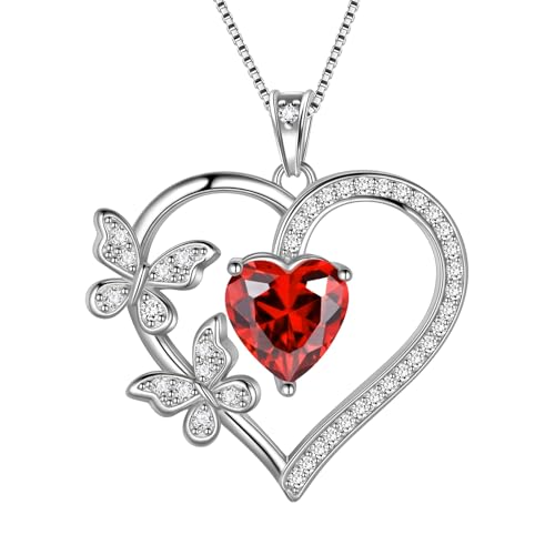 Liebe Herz Schmetterling Halsketten 925 Sterling Silber Rot Granat Januar Birthstone Herz Anhänger Halskette Kristall Schmuck für Frauen und Mädchen DP0377J von Aurora Tears