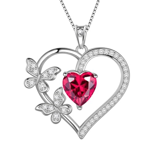 Liebe Herz Schmetterling Halsketten 925 Sterling Silber Rot Rubin Juli Geburtsstein Herz Anhänger Halskette Kristall Schmuck für Frauen und Mädchen DP0377R von Aurora Tears