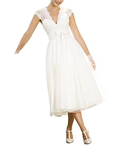 Aurora dresses Damen Hochzeitskleider Spitze V-Ausschnitt Brautkleid Teelänge Brautjungferkleider(Weiß,42) von Aurora dresses