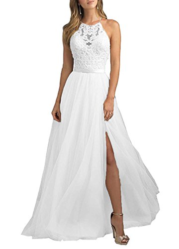 Aurora dresses Damen Tüll Ballkleid Abendkleider Elegant für Hochzeit Spitze Brautjungfer Kleider(Weiß,40) von Aurora dresses