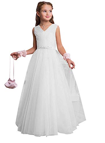 Aurora dresses Mädchen V-Ausschnitt Blumenmädchenkleid Lang Hochzeit Fest Mädchen Kleid mit Strass Bunch Kinderkleid Partykleid Kommunionkleid(Weiß,9-10 Jahre) von Aurora dresses