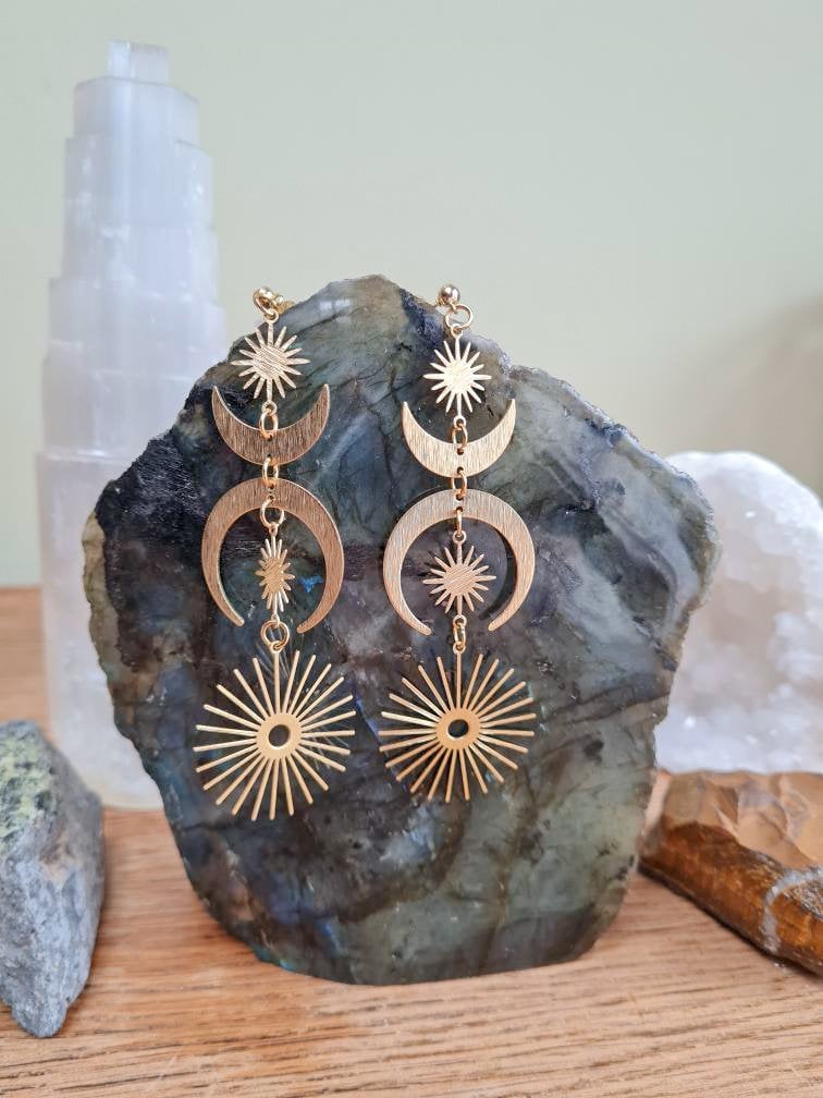 Große Lange Statement Ohrring Messing Ohrringe Große Boho Hippie Mond Ohrhänger von AuroraCreationEu