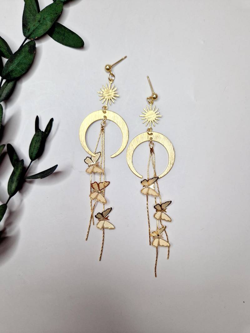 Langer Mond Ohrhänger Schmetterling Groß Gold Statement Ohrring Boho Messing Hippie Große Baumeln Ohrringe Stern von AuroraCreationEu