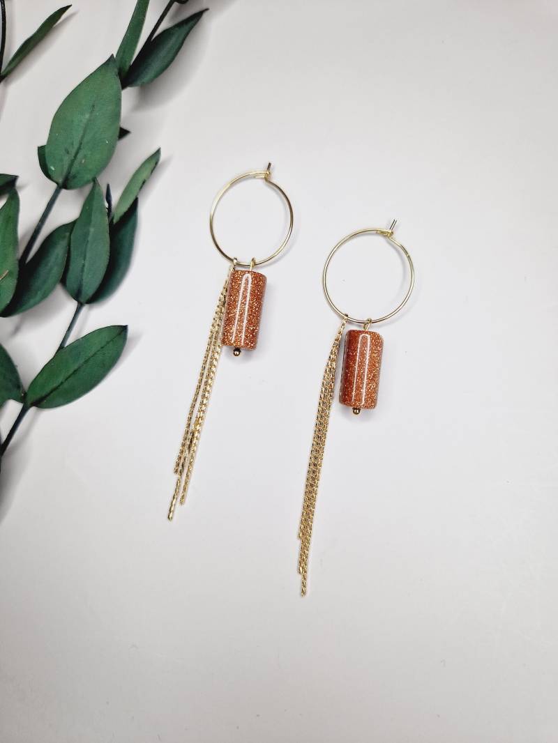 Sonnenstein Gold Creolen Edelstein Quaste Anhänger, Boho Feminin von AuroraCreationEu