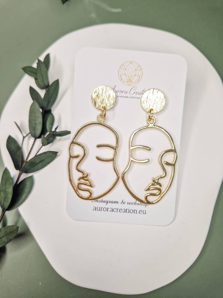Weibliches Gesicht Ohrringe Baumeln Gold Minimalist Frau Schmuck Geschenk Für Silhouette Mode Moderne Eleganz von AuroraCreationEu