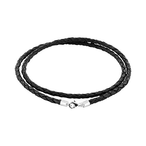 Auroris Geflochtene Echtleder-Kette schwarz Dicke 3mm mit Karabinerverschluss aus 925 Sterling-Silber Länge: 90cm von Auroris