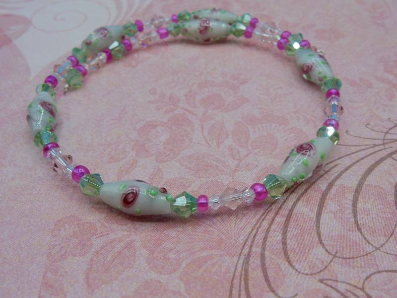 Blume Lampwork Glas Kristall Halskette Halsband Weiß Rosa Grün von AurosCrafts