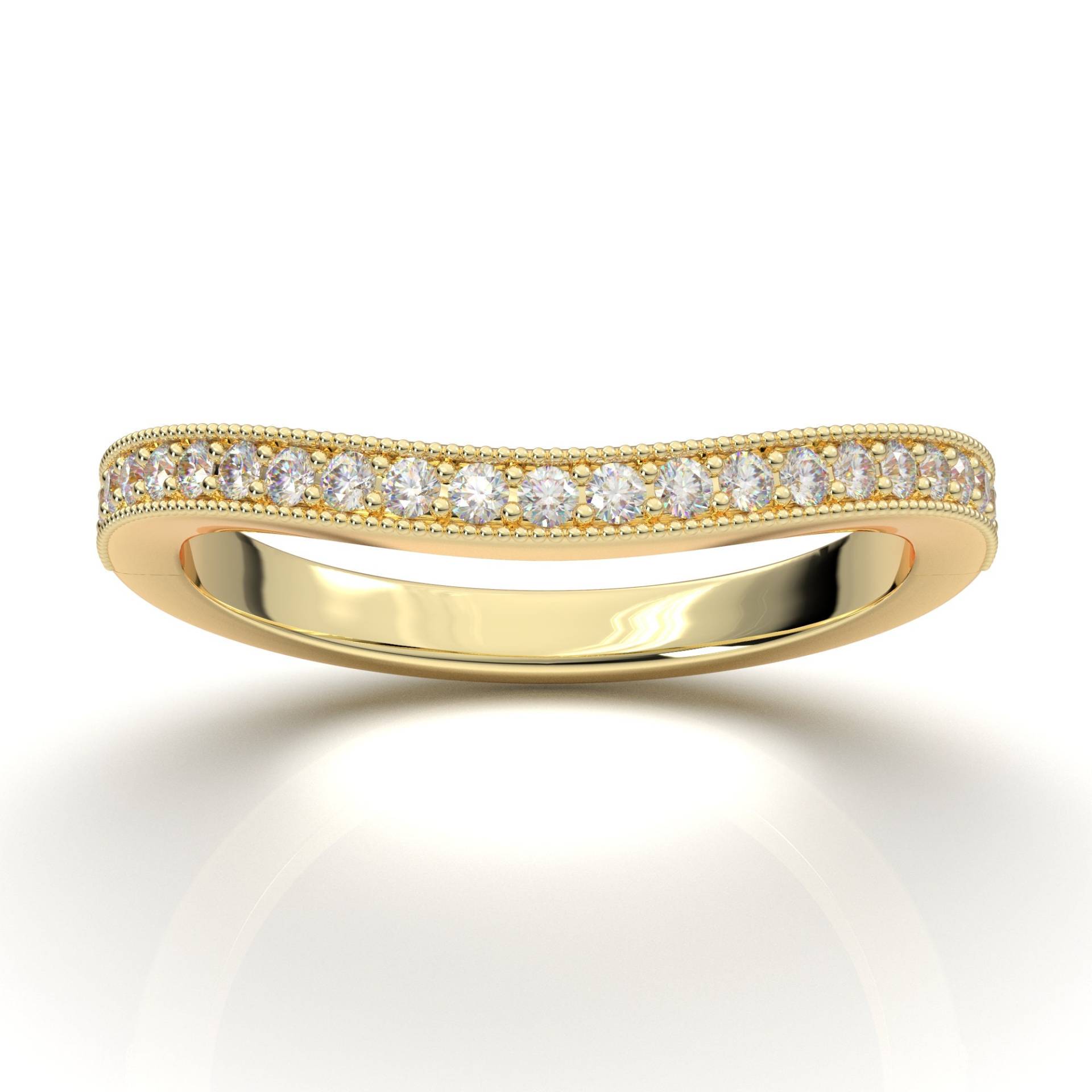 14K Gelb Gold Milgrain Ehering, Individuell Gebogener Art Deco Diamant Passender Stapelring von AurosiJewelsCouture