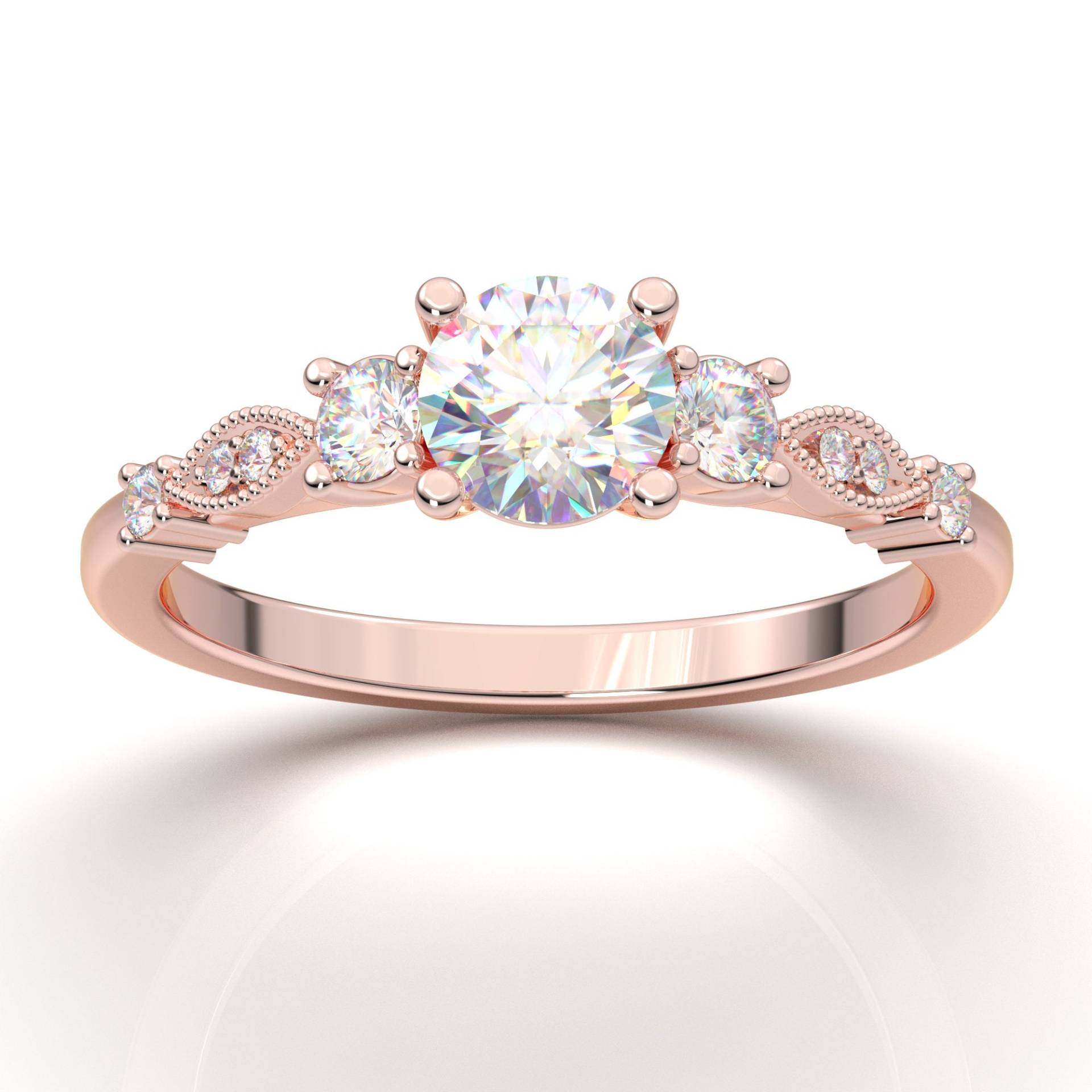 Art Deco Verlobungsring, Drei Stein Ehering, 14K Rose Gold Ring Für Sie, Vintage Inspiriert Milgrain Band, Jahrestag Versprechen von AurosiJewelsCouture