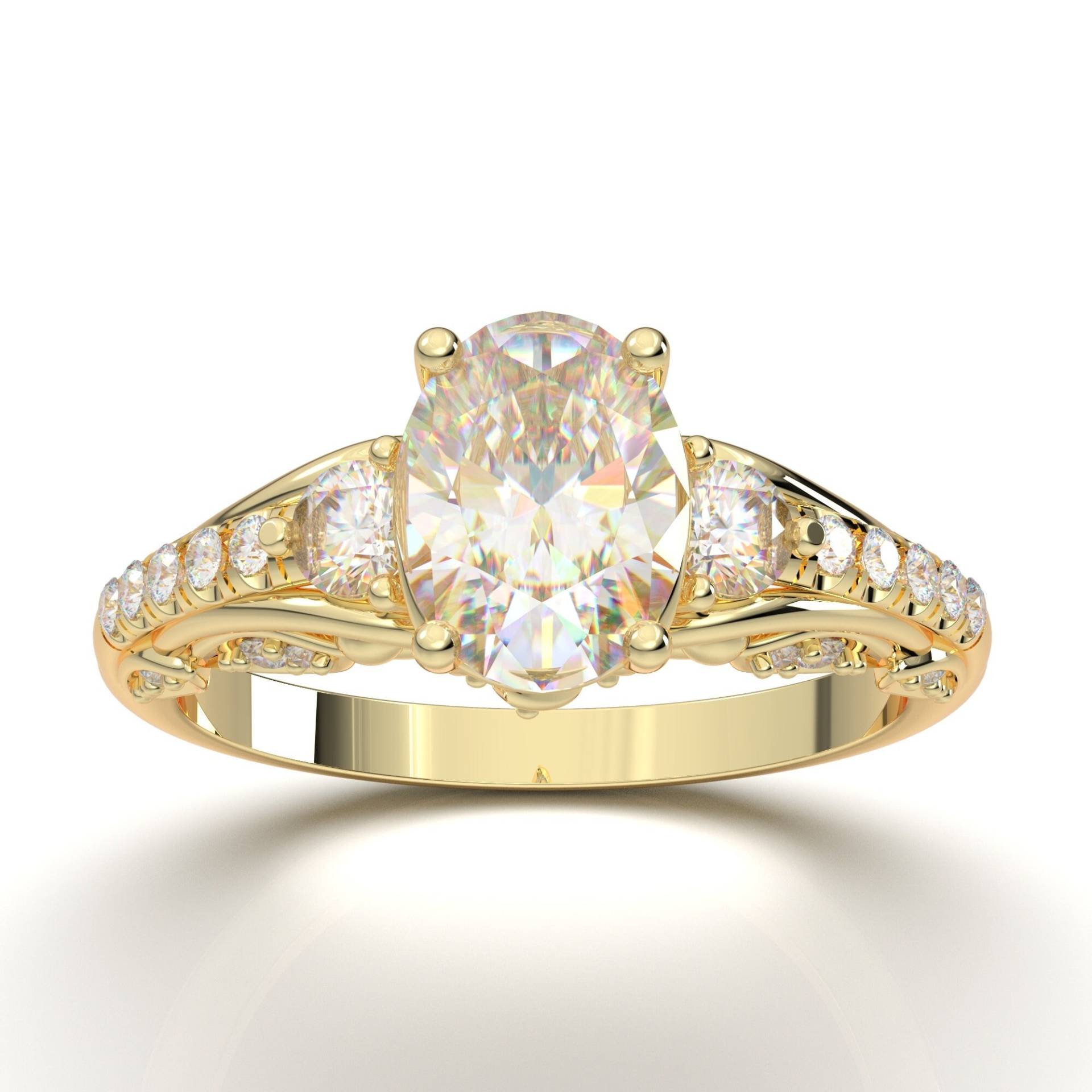 Art Deco Verlobungsring Für Sie - Vintage Inspire Ring Moissanite Versprechen Drei Stein Oval Schliff Diamant Gelb Gold von AurosiJewelsCouture