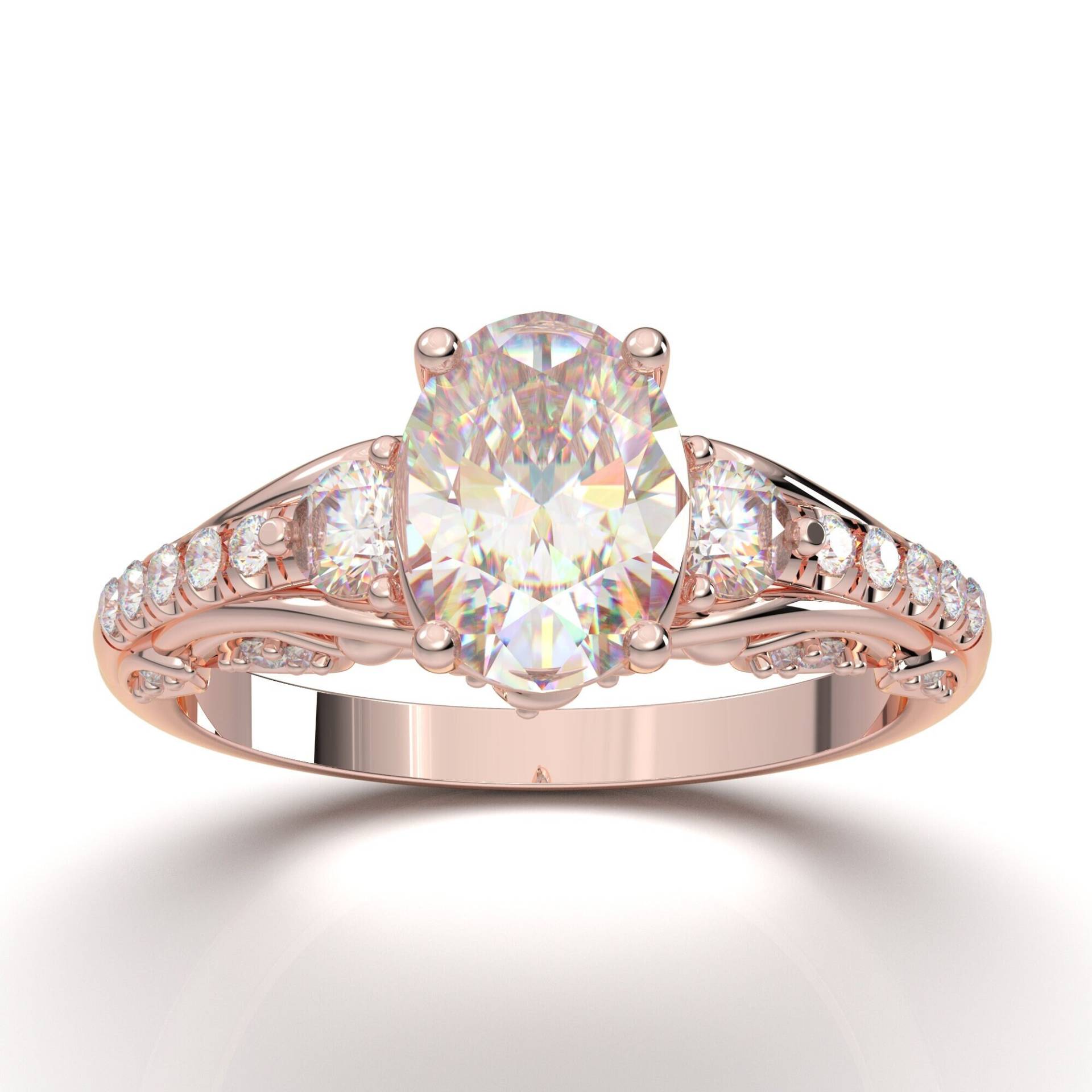 Art Deco Verlobungsring Für Sie - Vintage Inspire Ring Moissanite Versprechen Drei Stein Oval Schliff Diamant Rose Gold von AurosiJewelsCouture