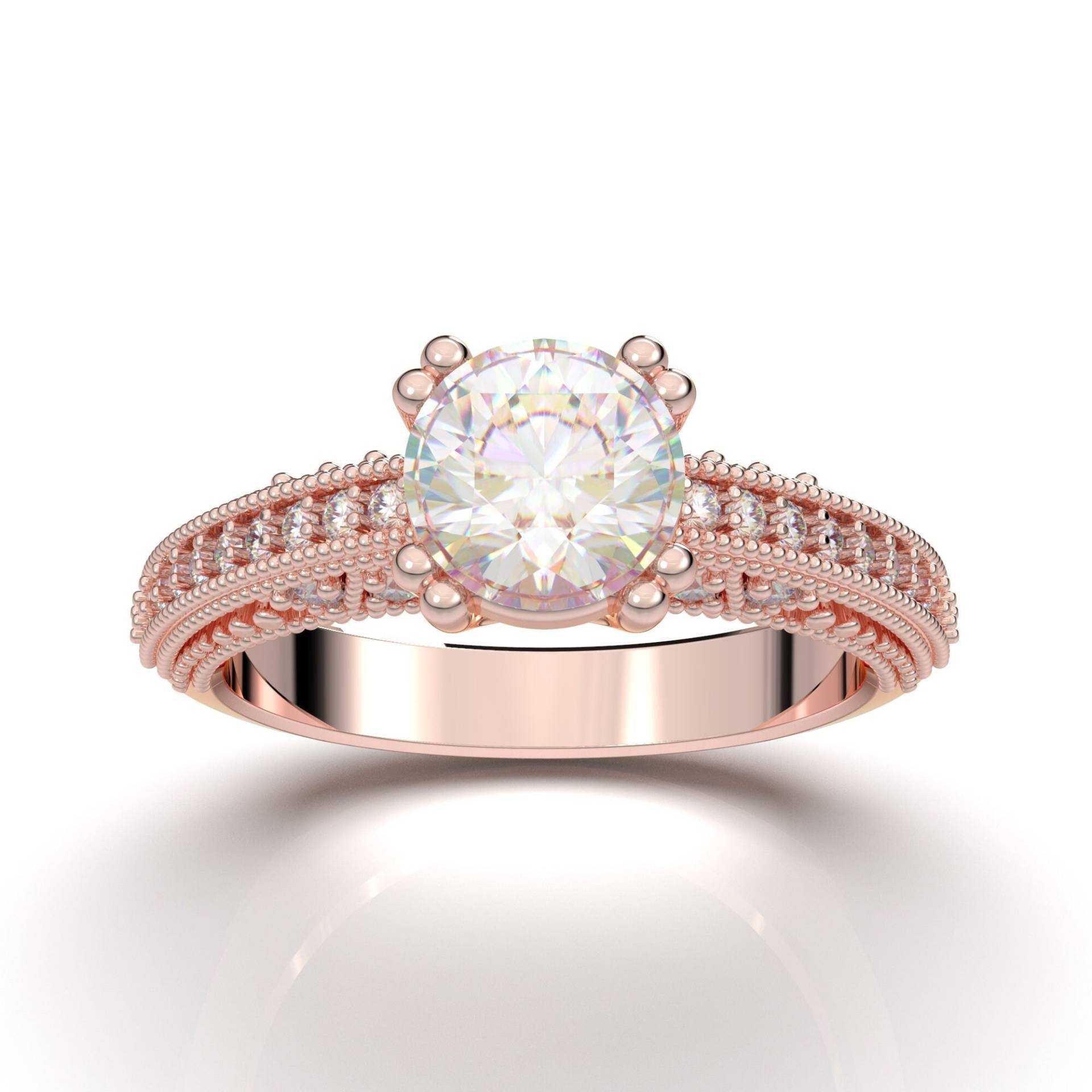 Art Deco Verlobungsring - Vintage Inspire Ring Antik Stil Rundschliff Diamant 1 Karat 14K Roségold Milgrain Filigran von AurosiJewelsCouture