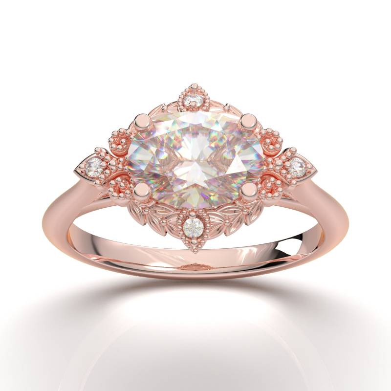 Oval Heiligenschein Verlobungsring Moissanite - Art Deco Ehering Ring Vintage Stil Versprechen 14K Roségold 1 Carat von AurosiJewelsCouture