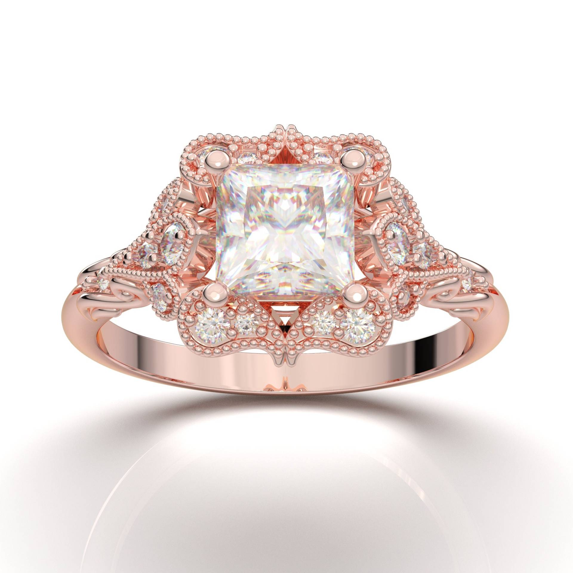 Princess Cut Art Deco Verlobungsring, Vintage Moissanite Ring, Rose Gold Brautring, Halo Versprechen Diamant Jubiläumsring Für Sie von AurosiJewelsCouture