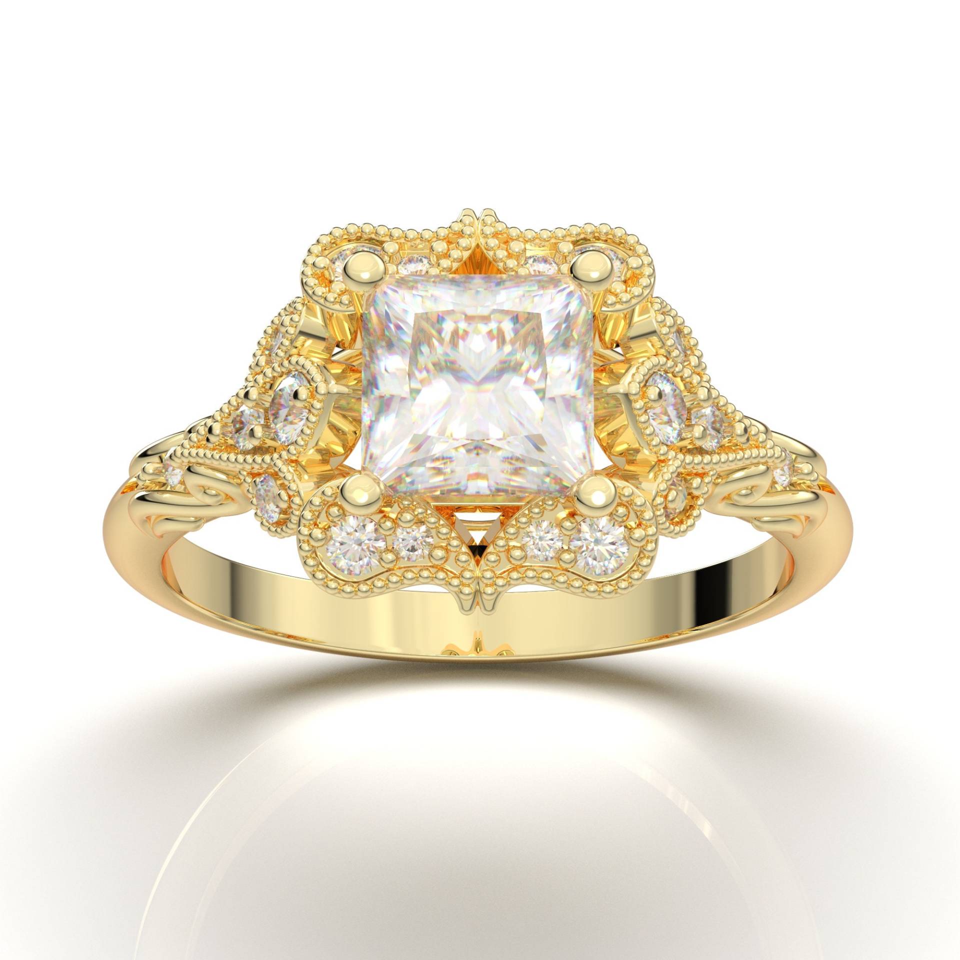 Princess Cut Art Deco Verlobungsring, Vintage Moissanite Ring, Solid Gold Brautring, Halo Versprechen Diamant Jubiläumsring Für Sie von AurosiJewelsCouture