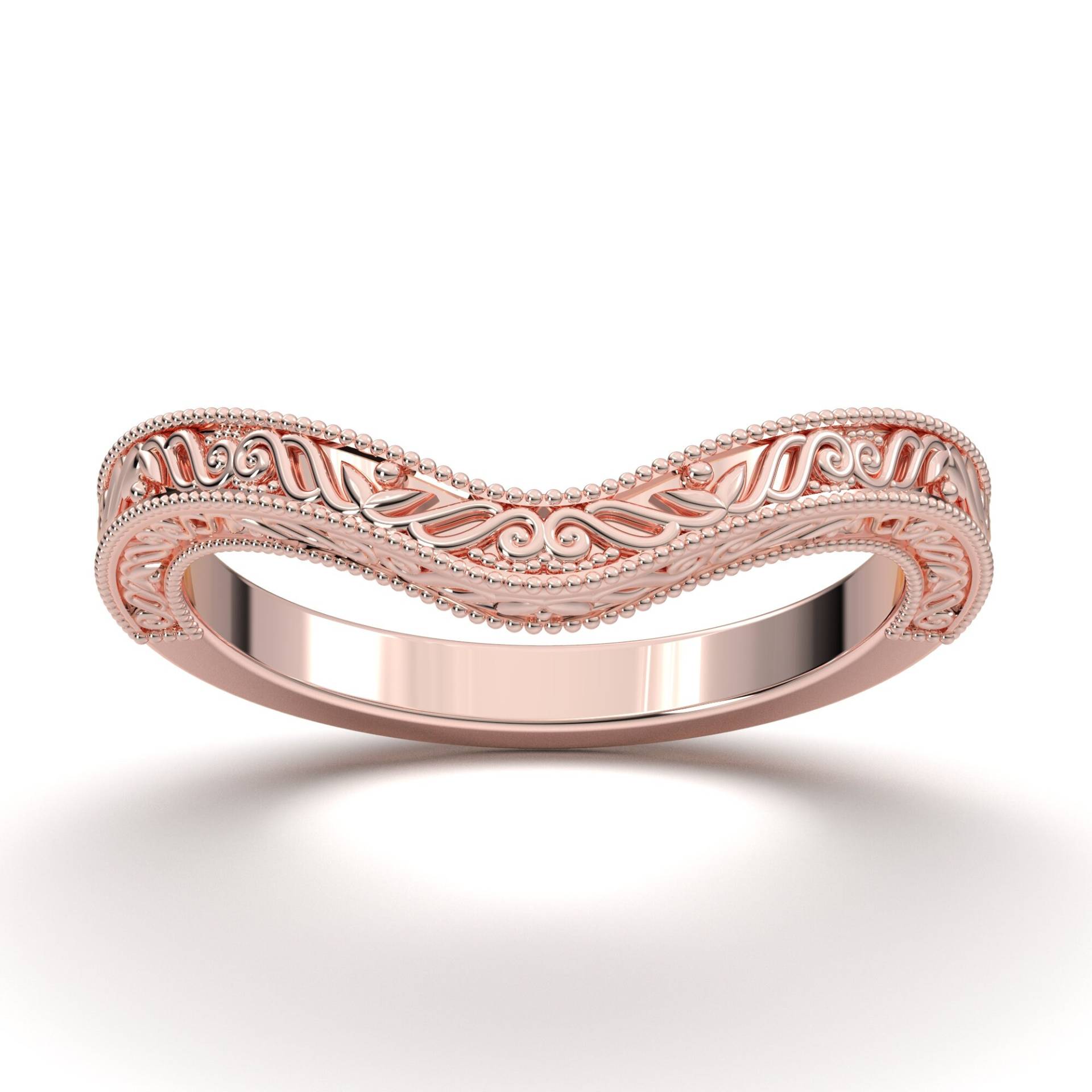 V-Form Ehering, Gravierter 14K Rose Gold Ring, Vintage Stil Geschwungener Milgrain Jahrestag Band von AurosiJewelsCouture